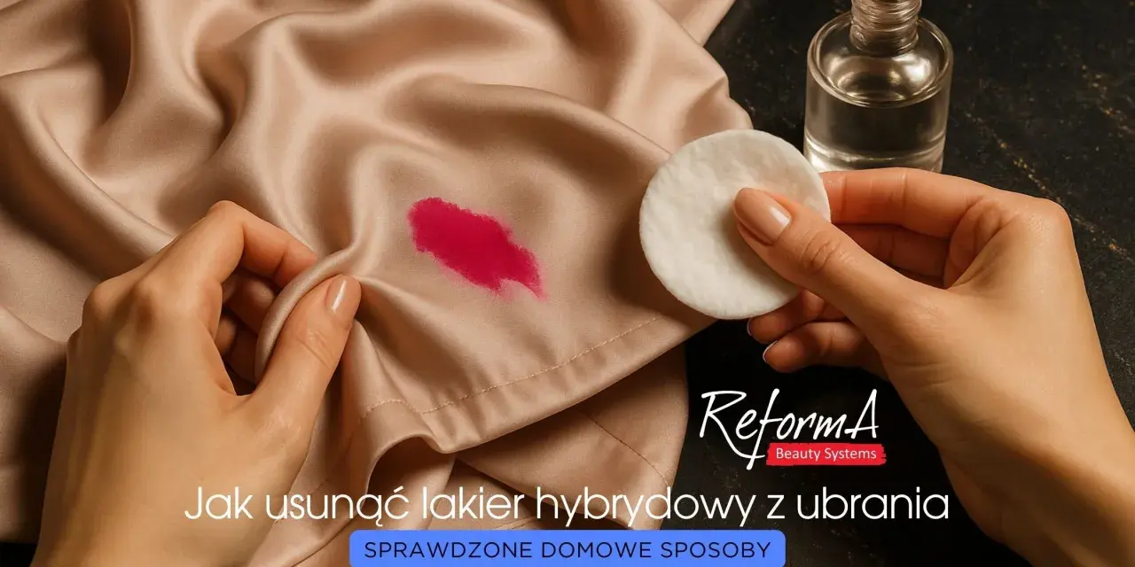 Jak usunąć lakier hybrydowy z ubrania? Wacik nasączony płynem do usuwania lakieru i plama na jedwabiu.