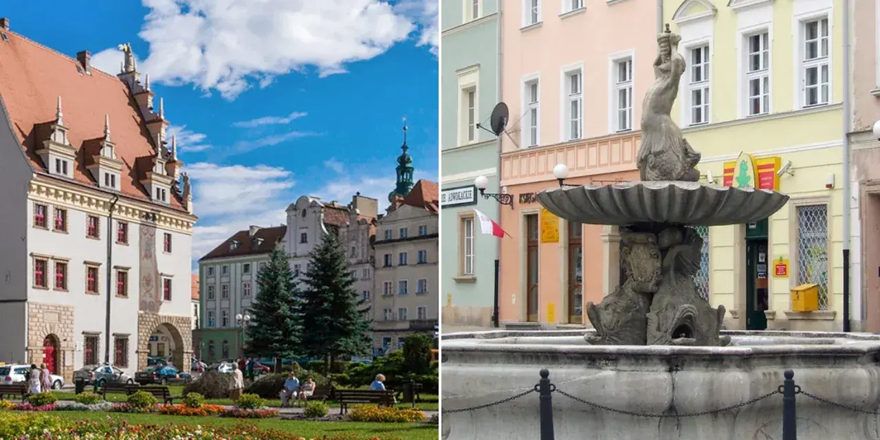 Nysa atrakcje: kolorowy rynek z fontanną i kamienicami, zielony skwer z kwiatami i ławkami.