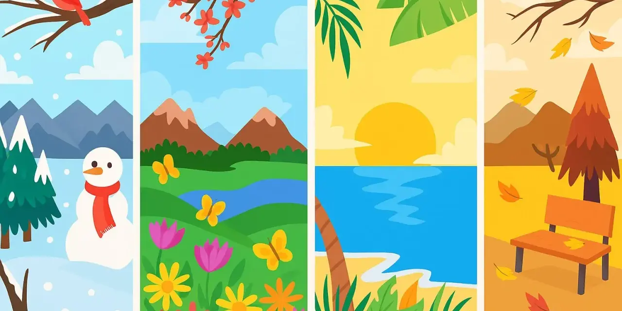 Cuatro escenas que ilustran las estaciones del año en francés: invierno nevado, primavera florida, verano playero y otoño con hojas cayendo.
