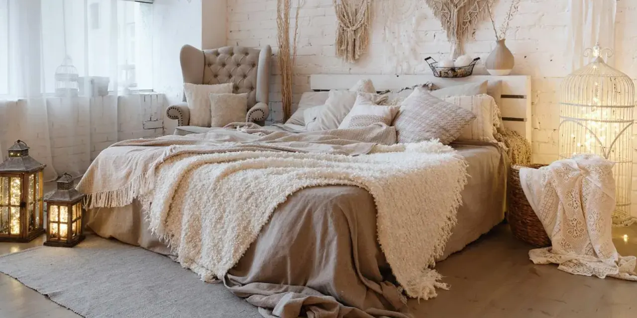 Acogedora decoracion boho habitacion con cama mullida, sillón, macramé y faroles.