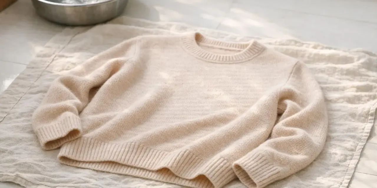 Un pull en laine beige est posé sur une serviette, prêt à laver la laine. Un bol d'eau savonneuse est à proximité.