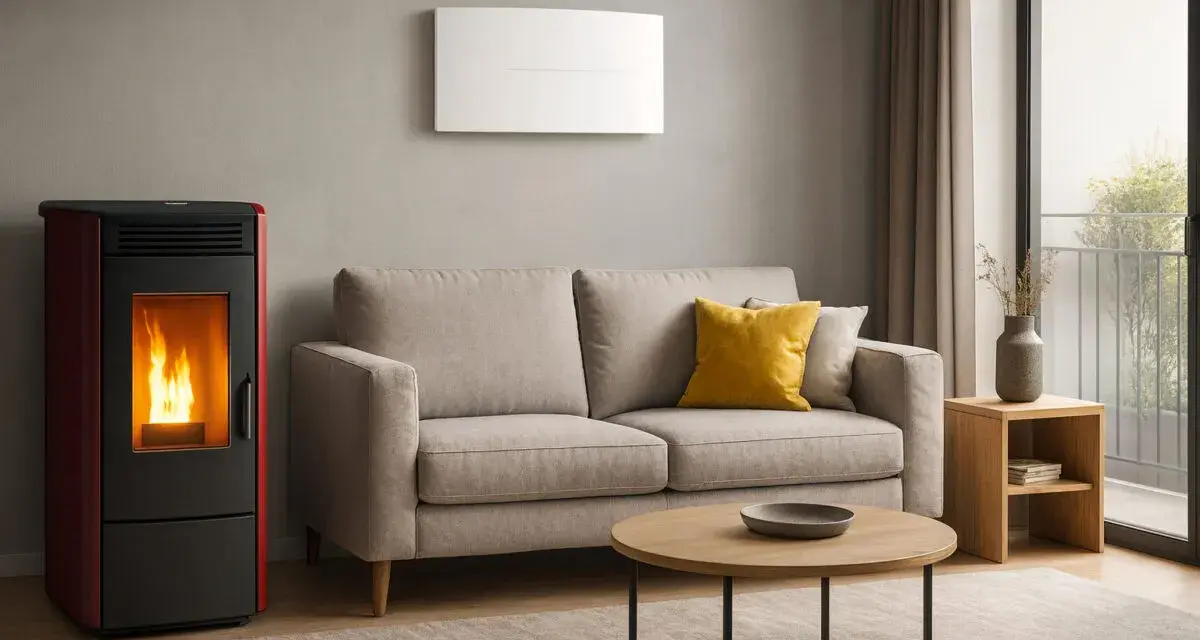 Stufa a pellet moderna con fiamme vive, accanto a un divano beige e un tavolino. Un'elegante soluzione per riscaldare casa, attenzione al monossido di carbonio.