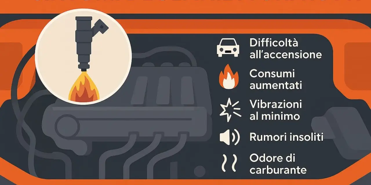 Sintomi di iniettori macchina rotti: difficoltà all'accensione, consumi aumentati, vibrazioni, rumori e odore di carburante.