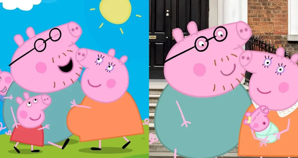 Rodzina Świnki Peppy: tata Świnka, mama Świnka, Peppa, George i niemowlę. Przyjaciele Peppy, ich imiona to: Suzy Owca, Danny Pies, Rebecca Królik.