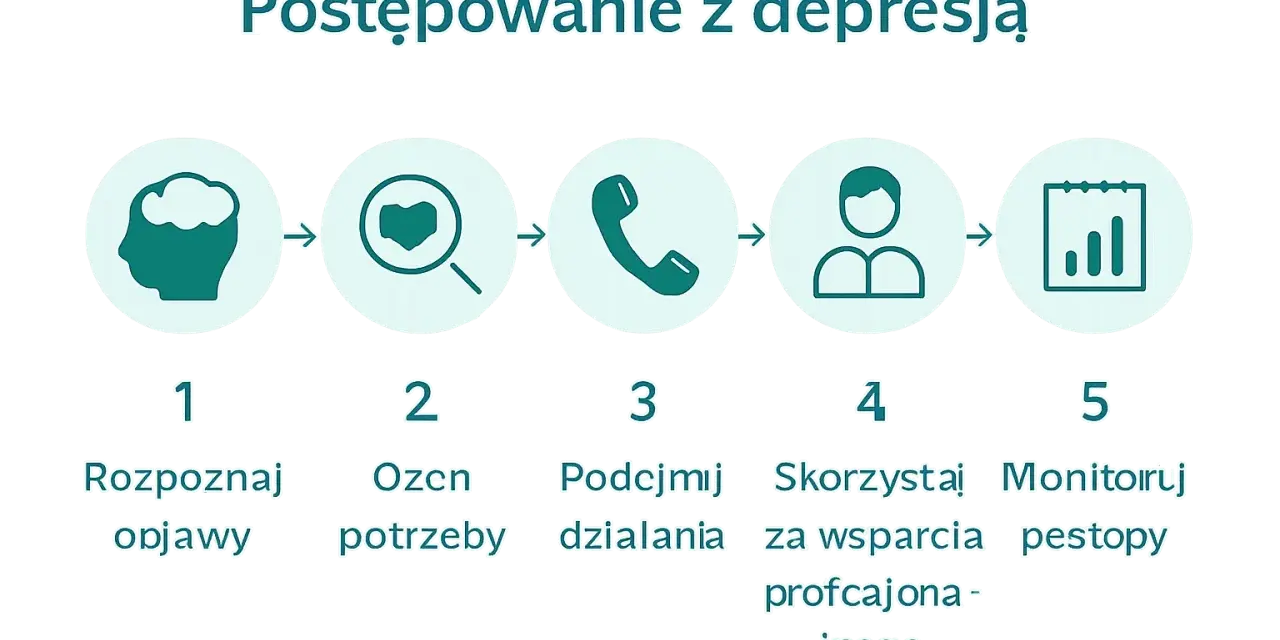 Pięć kroków jak sobie radzić z depresją: rozpoznaj objawy, oceń potrzeby, podejmij działania, skorzystaj ze wsparcia, monitoruj postępy.