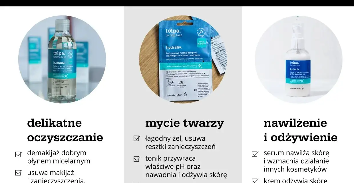 Pielęgnacja dla cery suchej: płyn micelarny, maska nawilżająca i serum. Skóra odzyskuje nawodnienie i komfort.