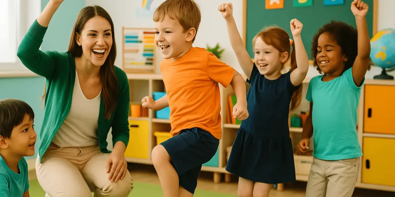 Niños y maestra celebran, mostrando su **capacidad psicomotriz** con alegría en un aula colorida.