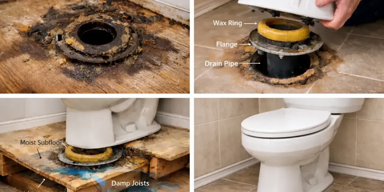 Illustrates toilet wax ring replacement, showing a damaged flange, a new wax ring, and potential subfloor water damage.