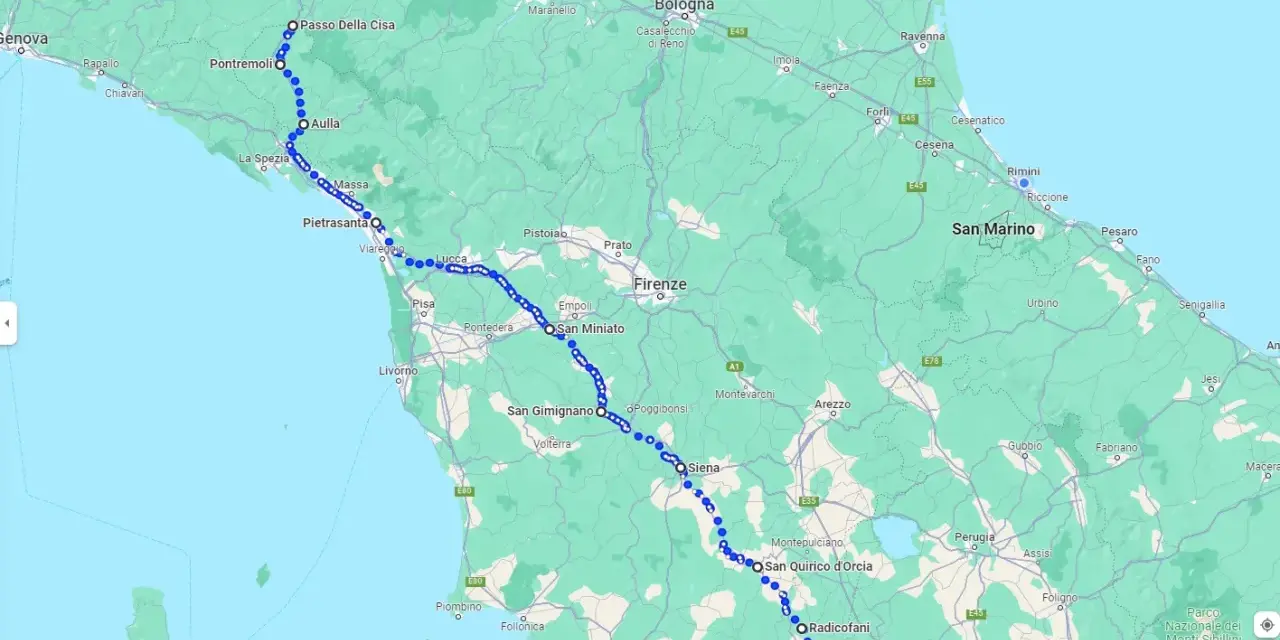 Mappa di un itinerario che attraversa la Toscana, da Pontremoli a Radicofani, toccando città come Lucca, Firenze, Siena.