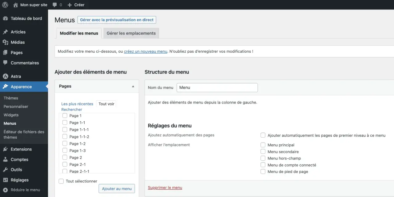 Interface WordPress pour la gestion des menus, permettant de créer et modifier un wordpress dropdown menu.