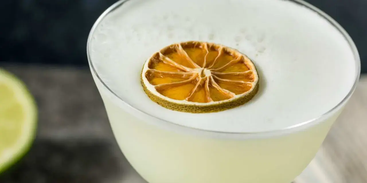 En krämig gin sour med ett skivat torkat limefrukt som dekoration.