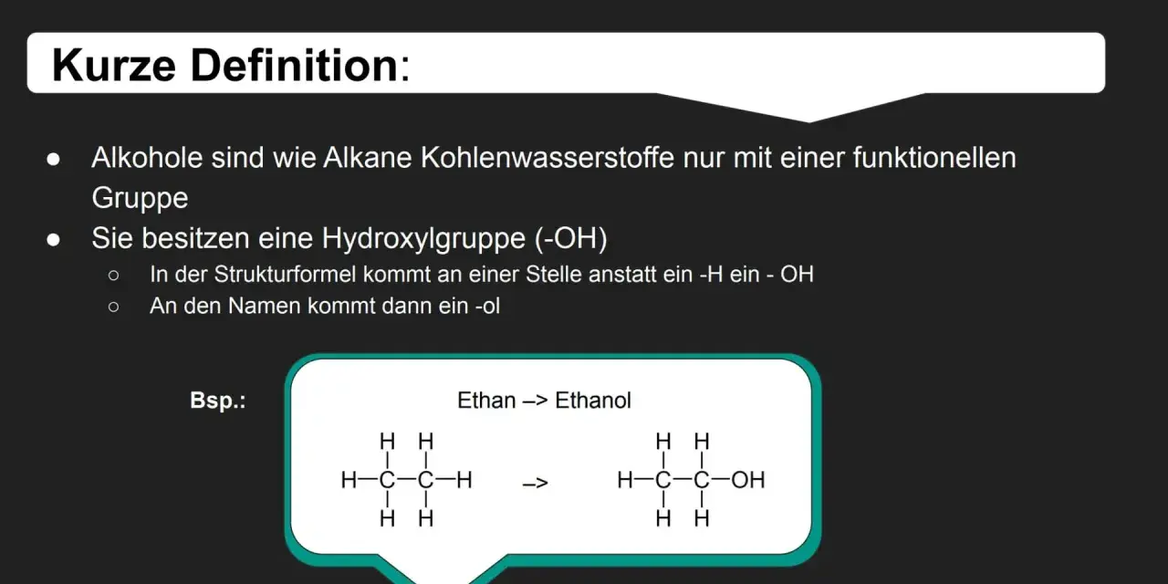 Wie wird Alkohol hergestellt? Alkohole sind Kohlenwasserstoffe mit einer Hydroxylgruppe (-OH). Das Beispiel zeigt Ethan wird zu Ethanol.