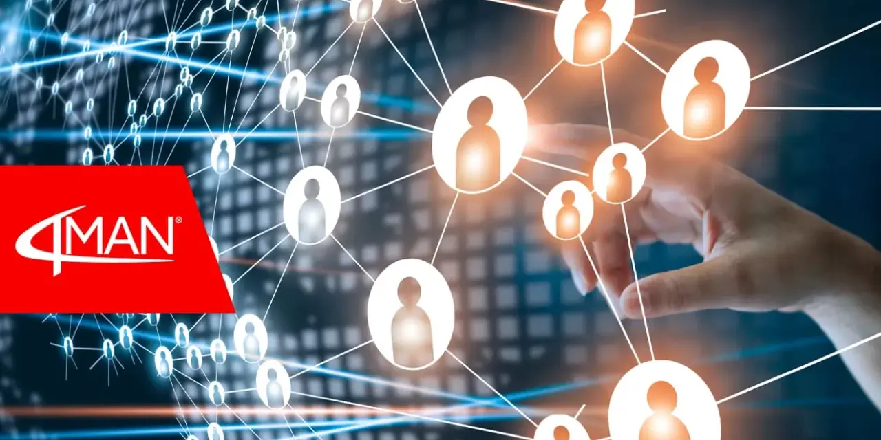 Logo 4MAN su sfondo di rete globale con icone di persone, che simboleggia il fare networking.