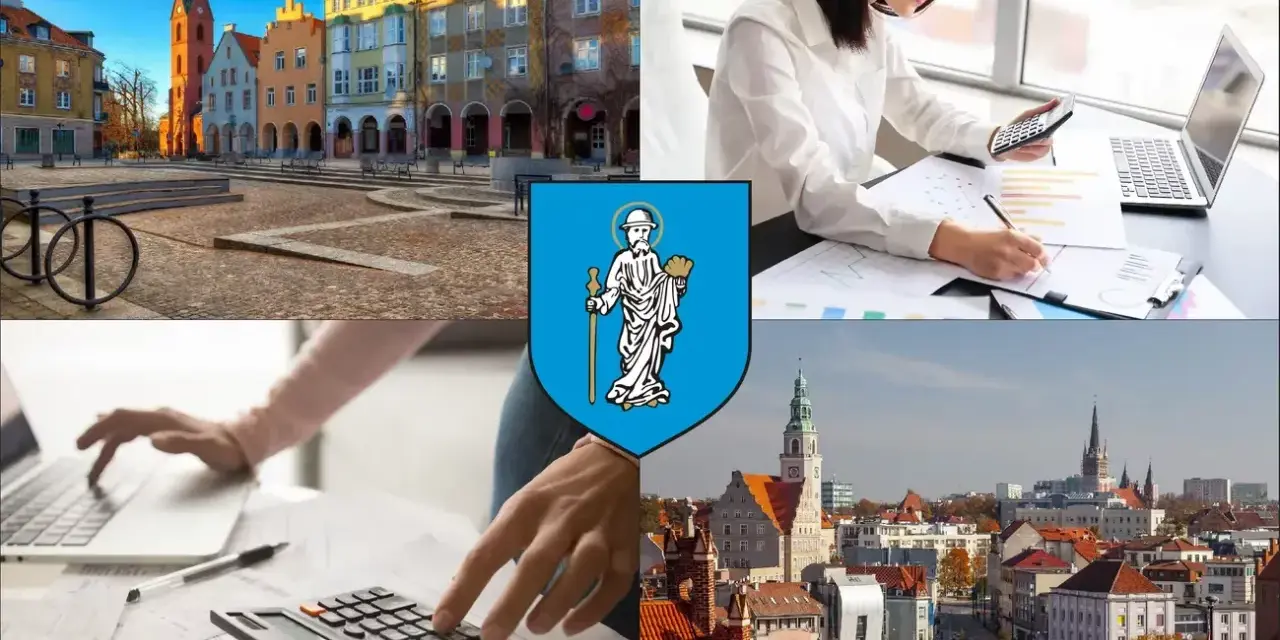 Kolaż: Rynek w Poznaniu, kobieta z kalkulatorem, herb Poznania, panorama miasta.