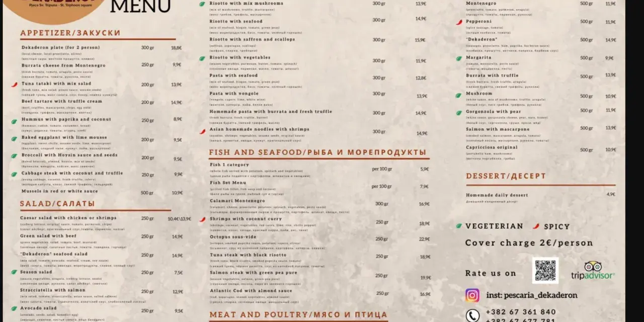 Menu z Czarnogóry: przystawki, makarony, ryby, pizze i desery. Ceny w euro, np. pizza 9,9€, ryba 5,9€/100g.