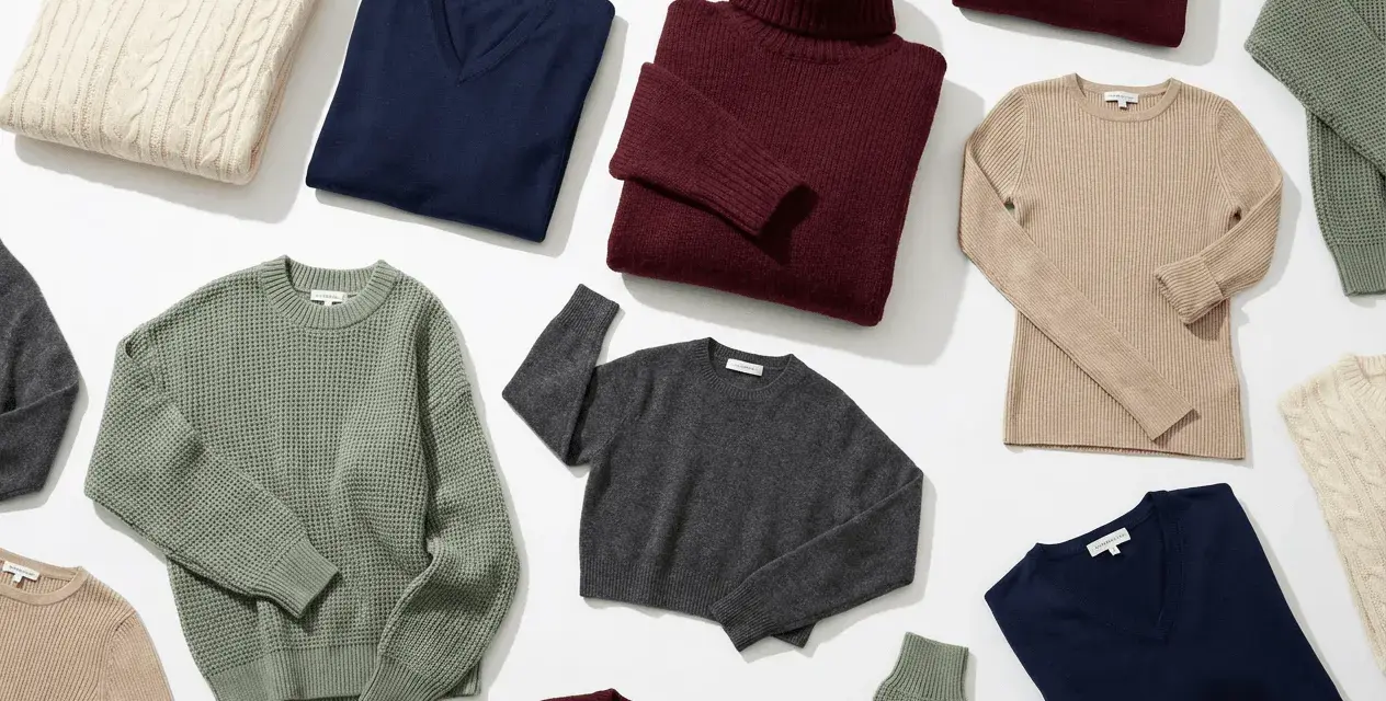 Una collezione di maglieria in varie tonalità: beige, blu, bordeaux, grigio e verde. Il maglione a trecce beige evoca un senso di calore e tradizione, mentre i modelli a collo alto e scollo a V offrono eleganza.