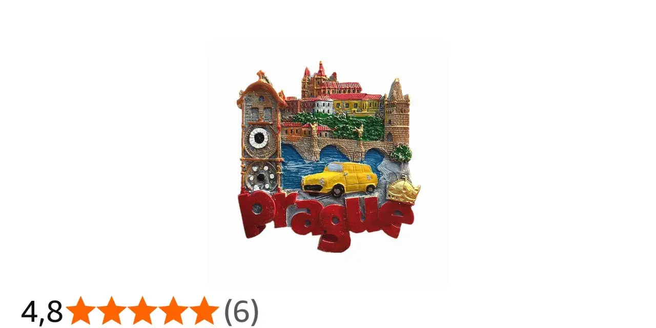 Magnes z widokiem Pragi, mostem, żółtym samochodem i napisem "Prague". Zastanawiasz się, ile kosztuje magnes w Pradze?