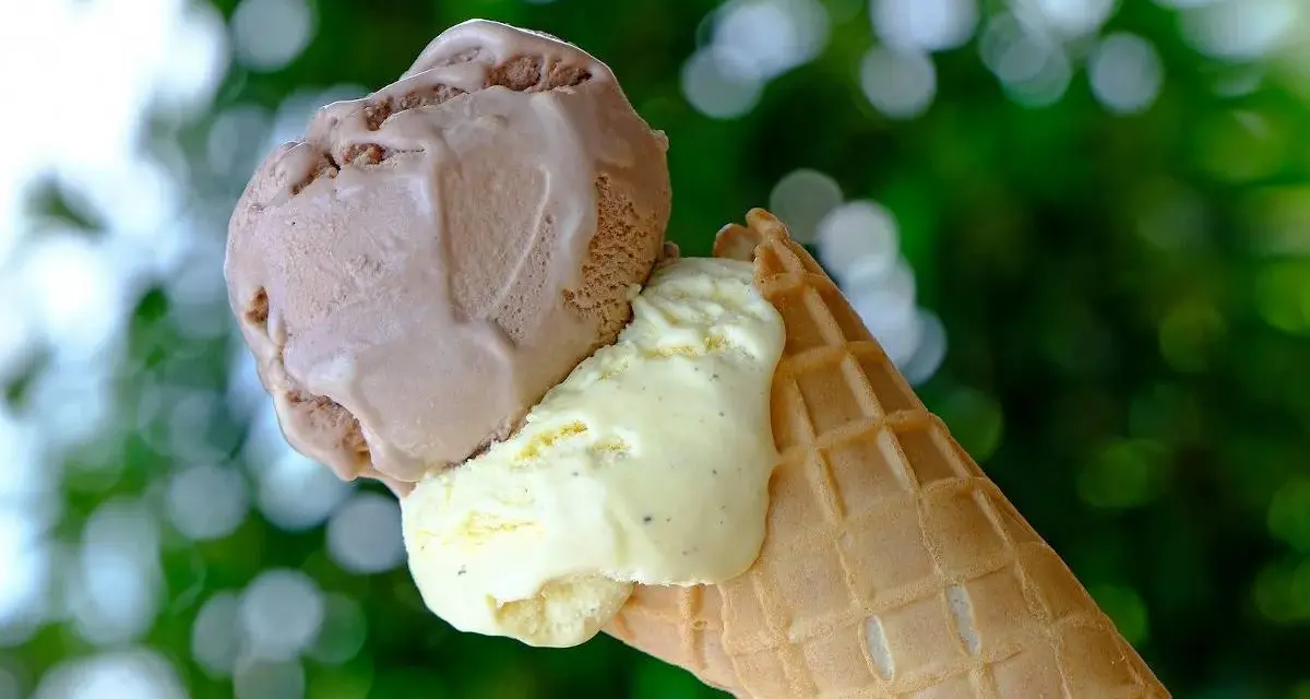 Zwei Kugeln Eis, Schoko und Vanille, in einer Waffel. Sind Eiswaffeln vegan? Diese hier sehen köstlich aus!