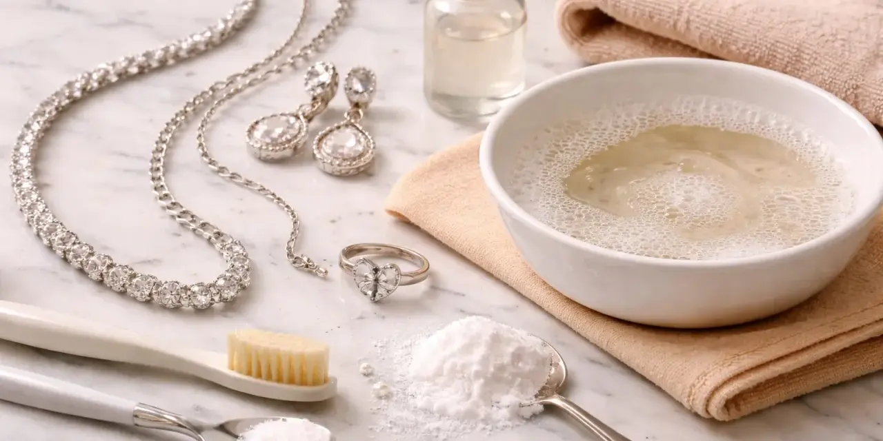 Set per come pulire l'argento gioielli: collana, orecchini, anello, bicarbonato, spazzolino e ciotola con acqua saponata.