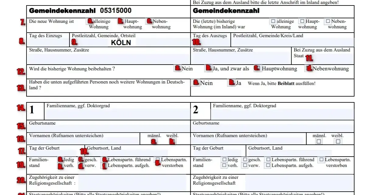 Formular Anmeldung, sekcja "Neue Wohnung" (nowe mieszkanie) zawiera dane dotyczące meldunku tymczasowego w Kolonii.