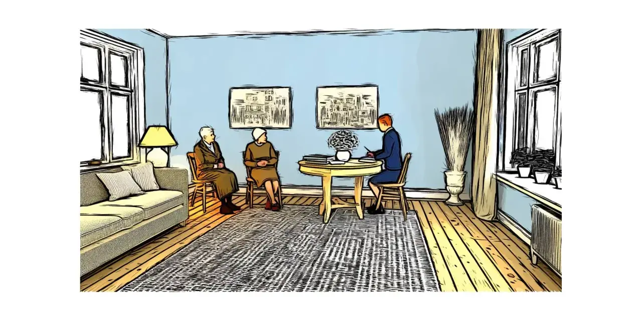 Dos ancianos esperan en una sala de estar azul, uno frente a un escritorio donde un joven revisa un contrato precario.