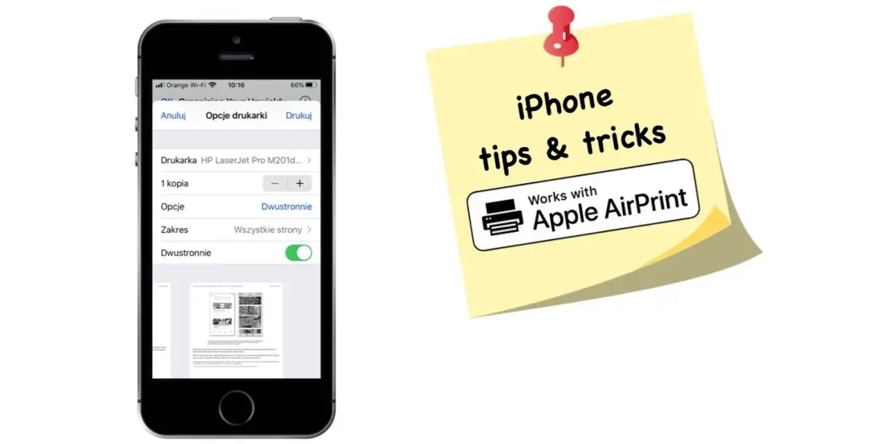 Ekran iPhone'a z opcjami drukowania, pokazujący drukarkę HP LaserJet Pro M201d i ustawienia dwustronne. Obok żółta karteczka z napisem "iPhone tips & tricks" i logo "Works with Apple AirPrint".