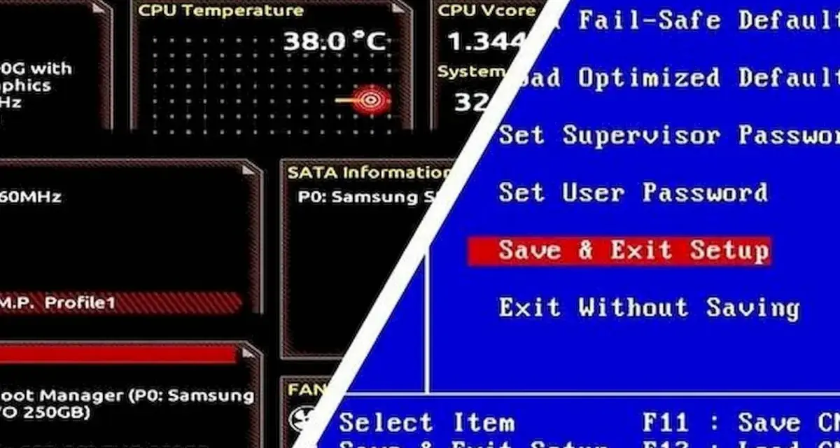 Ekran BIOS-u z informacjami o temperaturze CPU i opcjami, jak odpalić BIOS, w tym "Save & Exit Setup".
