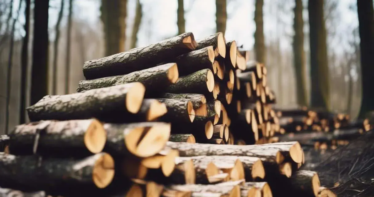 Un tas de frêne bois de chauffage empilé dans une forêt brumeuse, prêt pour l'hiver.