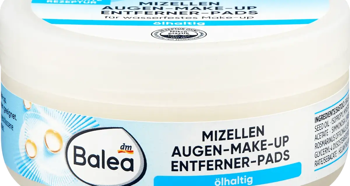 Balea Mizellen Augen-Make-up Entferner Pads, ölhaltig, in weißer Dose mit blauem Etikett.