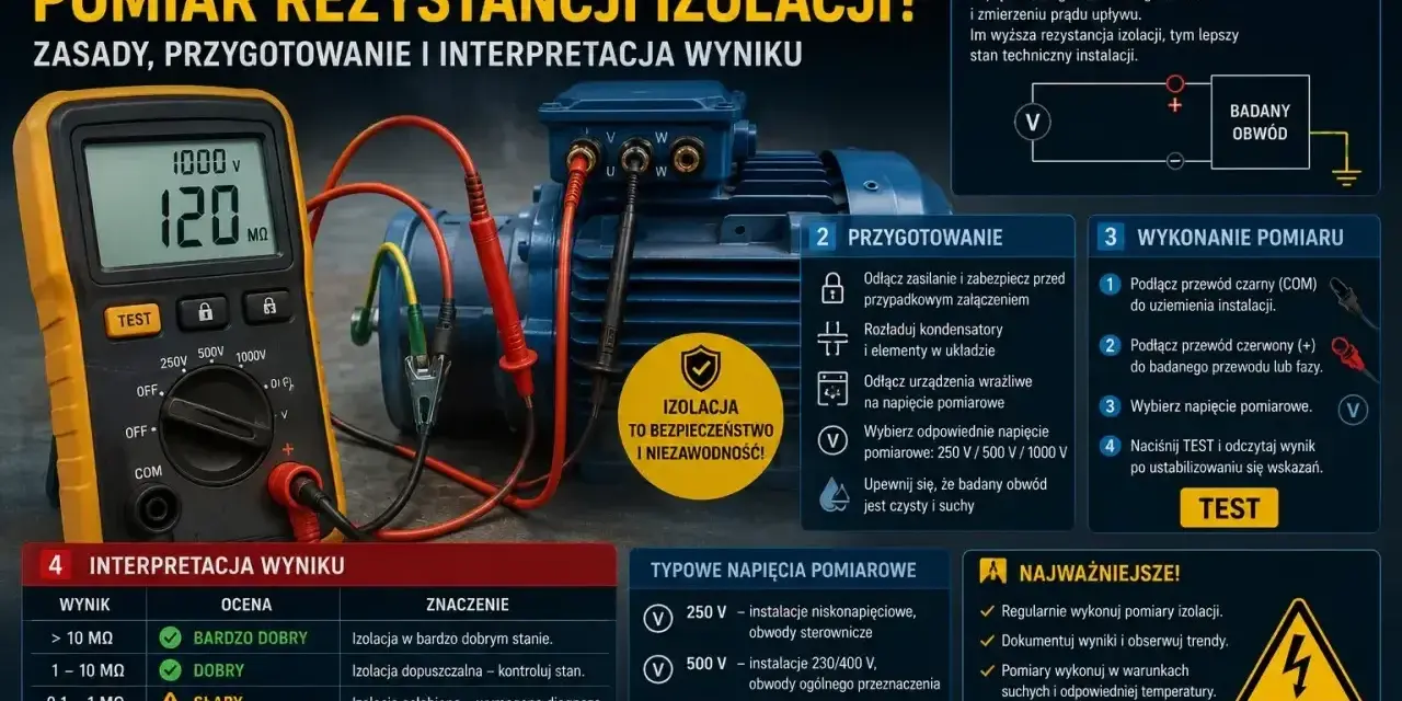 Pomiary instalacji fotowoltaicznej: multimetr mierzy rezystancję izolacji silnika elektrycznego, pokazując 120 MΩ. Instrukcja wyjaśnia zasady, przygotowanie i interpretację wyników.