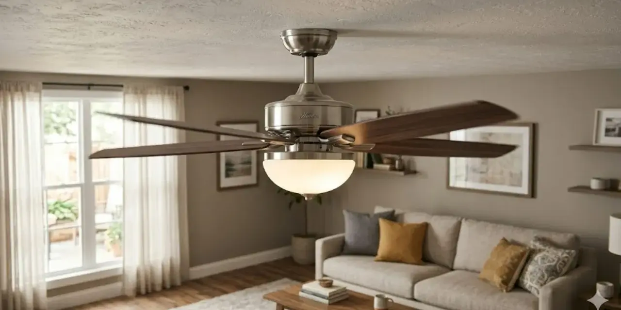 Ventilador de techo con luz, ideal para el invierno y verano, creando un ambiente acogedor en el salón.
