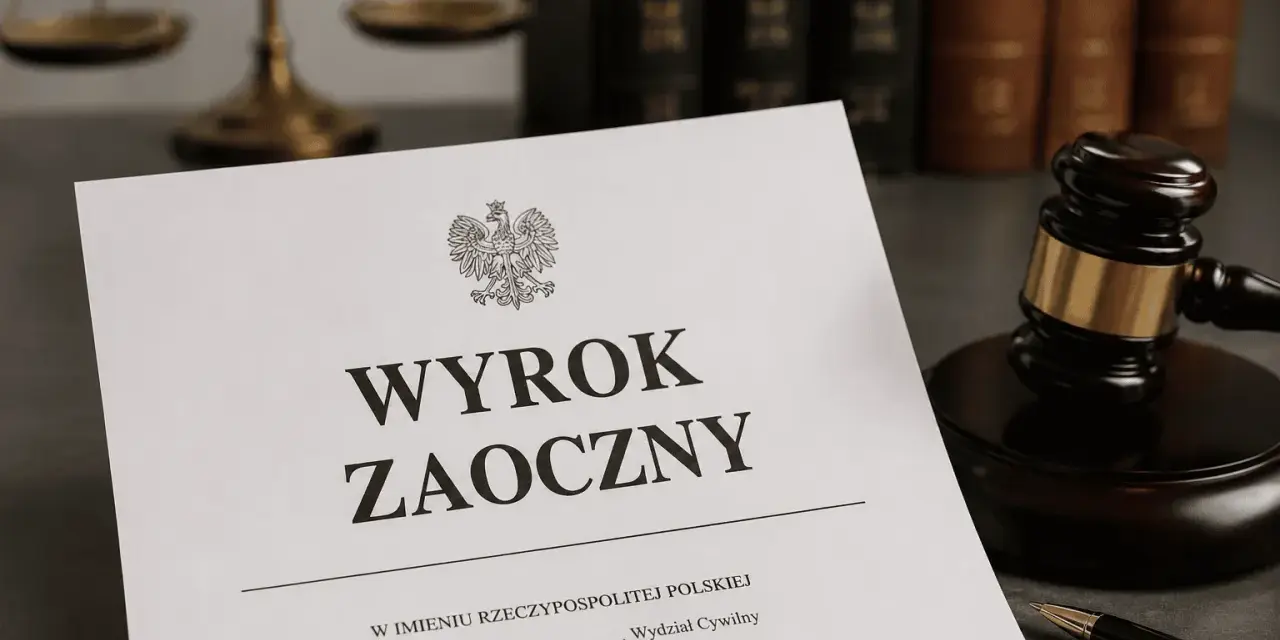 Dokument "Wyrok zaoczny" na biurku prawnika, obok młotka sędziowskiego i wagi sprawiedliwości. Czas na sprzeciw od wyroku zaocznego.
