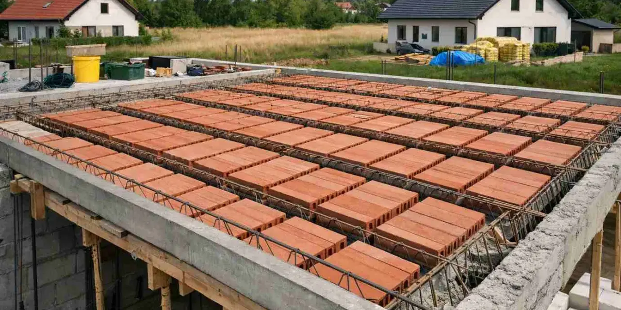Budowa domu w toku. Widoczny strop gęstożebrowy z pustaków ceramicznych, przygotowany do zalania betonem.