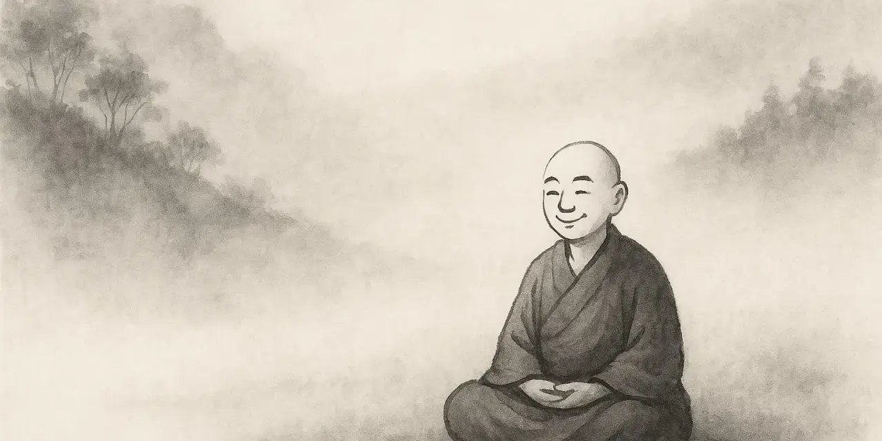 A smiling hermit monk sits in meditation amidst a misty, mountainous landscape.