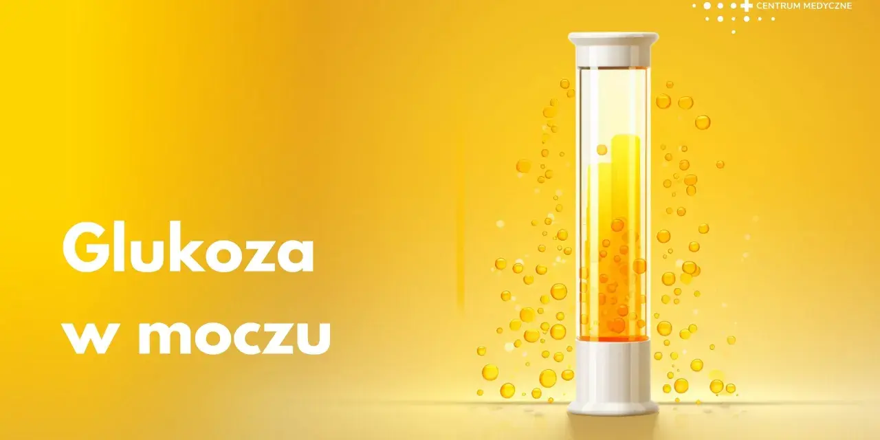 Biały napis "Glukoza w moczu" na żółtym tle. Obok probówka z żółtym płynem i pęcherzykami.