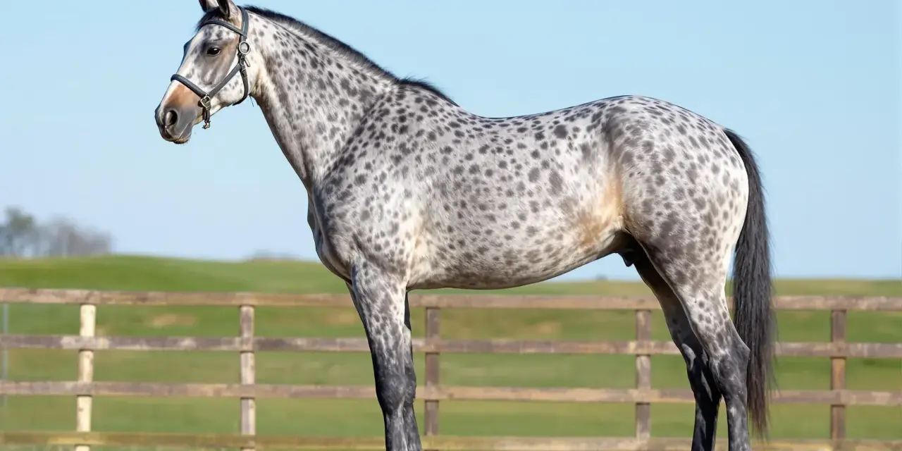 Un magnifique cheval français, robe grise tachetée, se tient fièrement devant une clôture en bois et un ciel bleu clair.