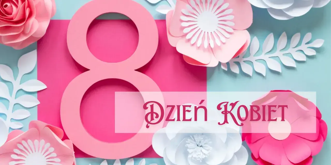 Różowa ósemka i kwiaty z papieru tworzą dekorację na Dzień Kobiet.