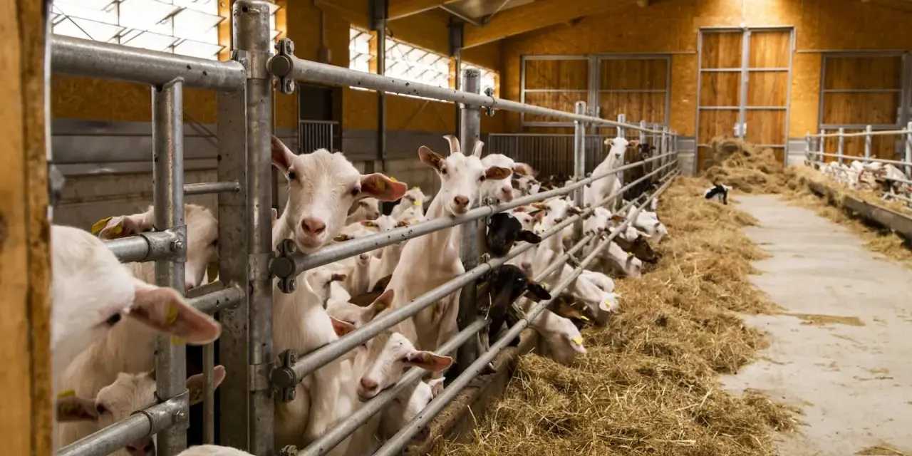 Un gruppo di capre curiose in una stalla per pecore, con fieno abbondante e recinzioni metalliche.