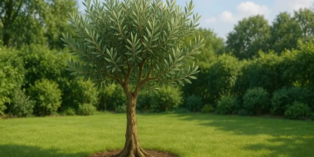 Ein junger Olivenbaum steht auf einer grünen Wiese. Seine Äste sind mit vielen Blättern bedeckt. Die richtige **Olivenbaum Pflege** sorgt für ein gesundes Wachstum.