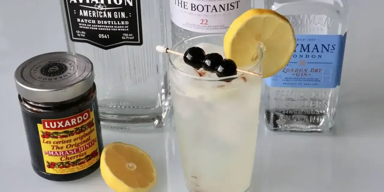 Tom Collins i John Collins – składniki do drinków: gin Aviation, The Botanist, Plymouth, wiśnie Luxardo i cytryna.