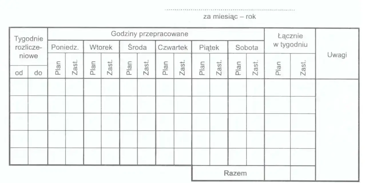 Tabela do rozliczania godzin pracy pedagoga specjalnego. Określa etat pedagoga specjalnego ile godzin przepracowano w tygodniu.