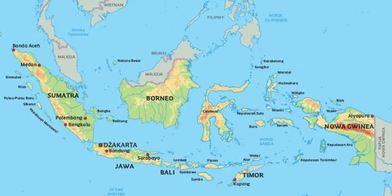 Mapa Indonezji pokazuje, gdzie jest Bali, między Sumatrą a Nową Gwineą, na południe od Borneo.