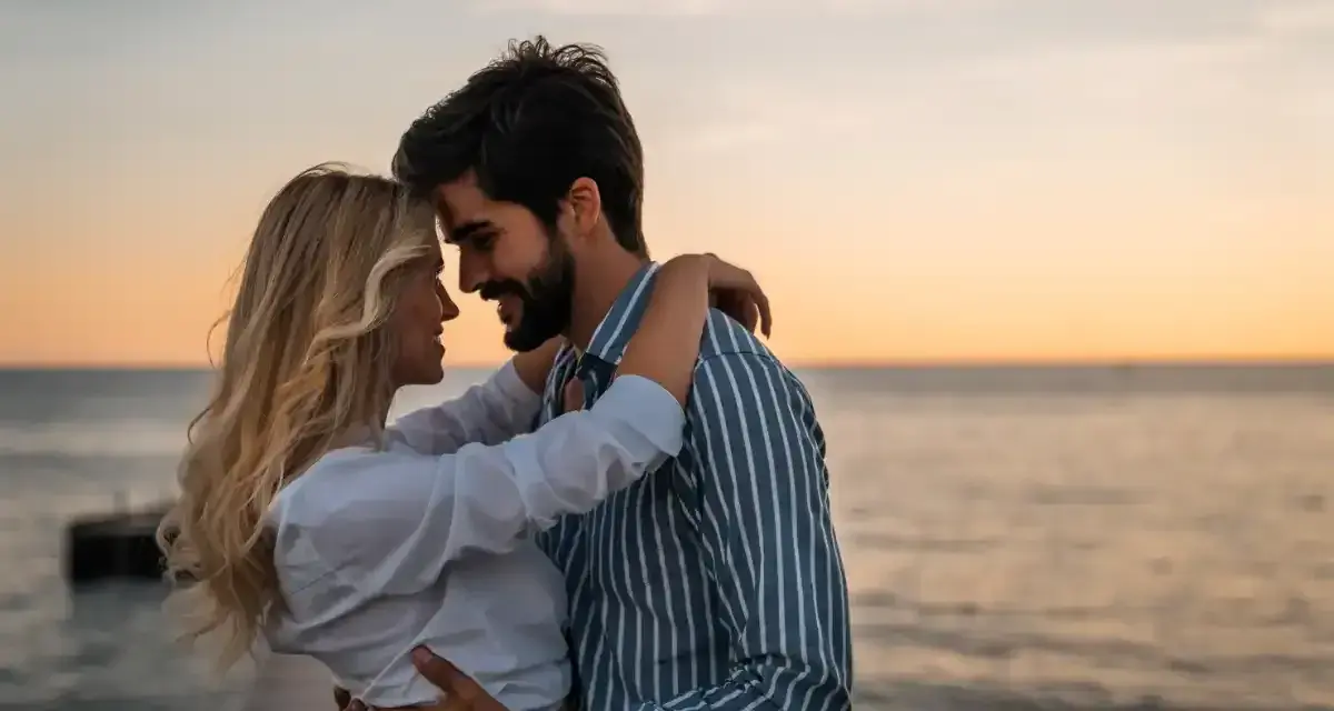 Un couple s'embrasse tendrement au coucher du soleil sur une jetée. Un moment intime pour comment prouver son amour.