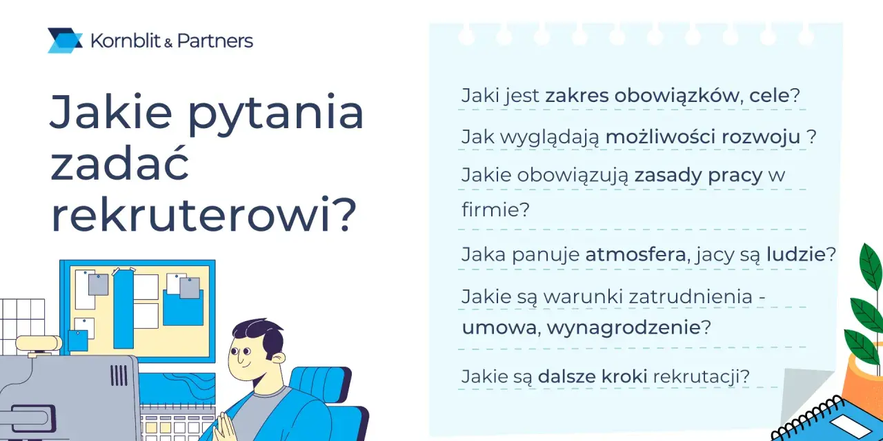 Jakie pytania zadać rekruterowi? Dowiedz się o obowiązki, rozwój, atmosferę i warunki zatrudnienia.