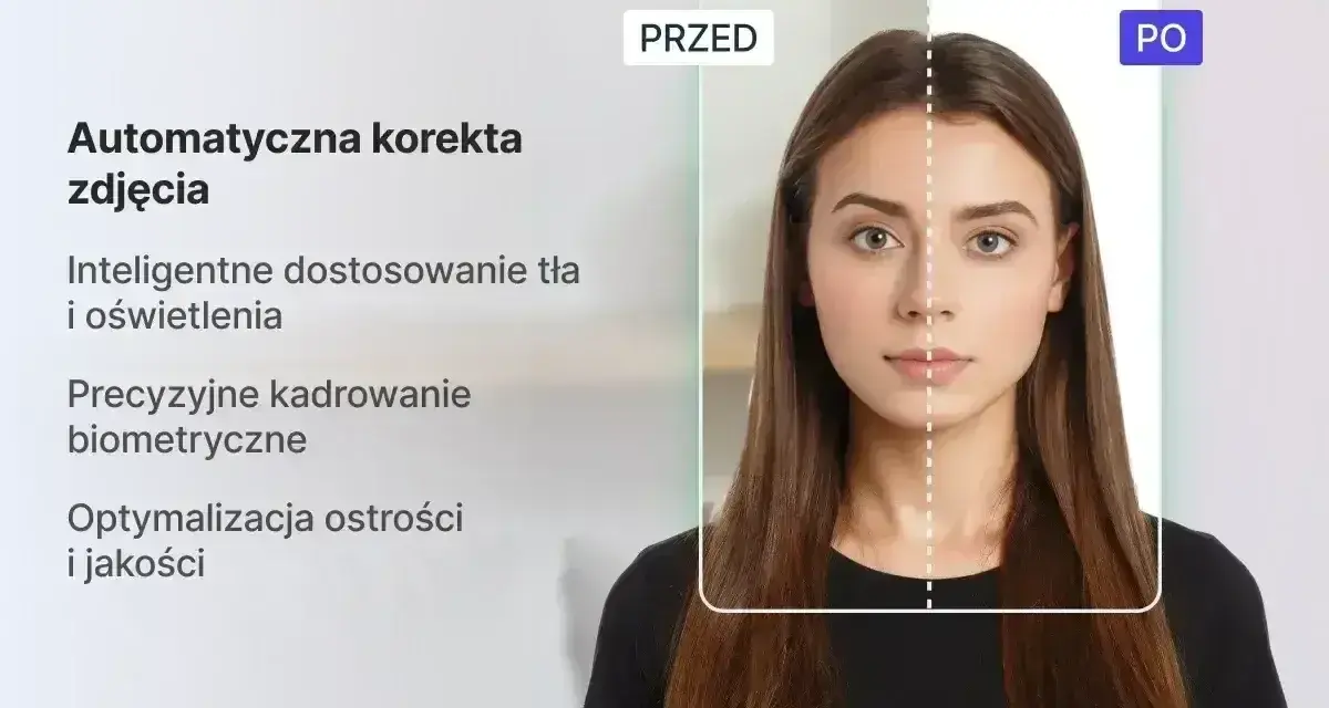 Automatyczna korekta zdjęcia z precyzyjnym kadrowaniem biometrycznym. Zobacz, jak inteligentne dostosowanie tła i oświetlenia poprawia jakość.