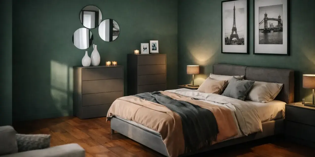 Camera da letto con pareti verde scuro, letto accogliente, due comodini con lampade, cassettiere e quadri di Parigi e Londra.