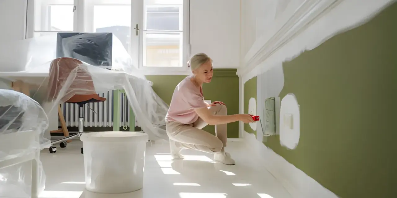 Kobieta maluje ścianę na zielono, klęcząc obok wiadra z farbą.