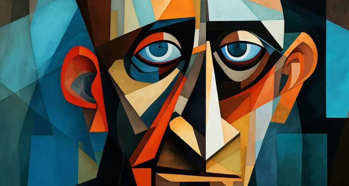 Portret w stylu kubistycznym, ukazujący twarz zdekonstruowaną na geometryczne kształty. To jakby spojrzenie w głąb duszy, typowe dla pewnego okresu w sztuce Pabla Picassa.