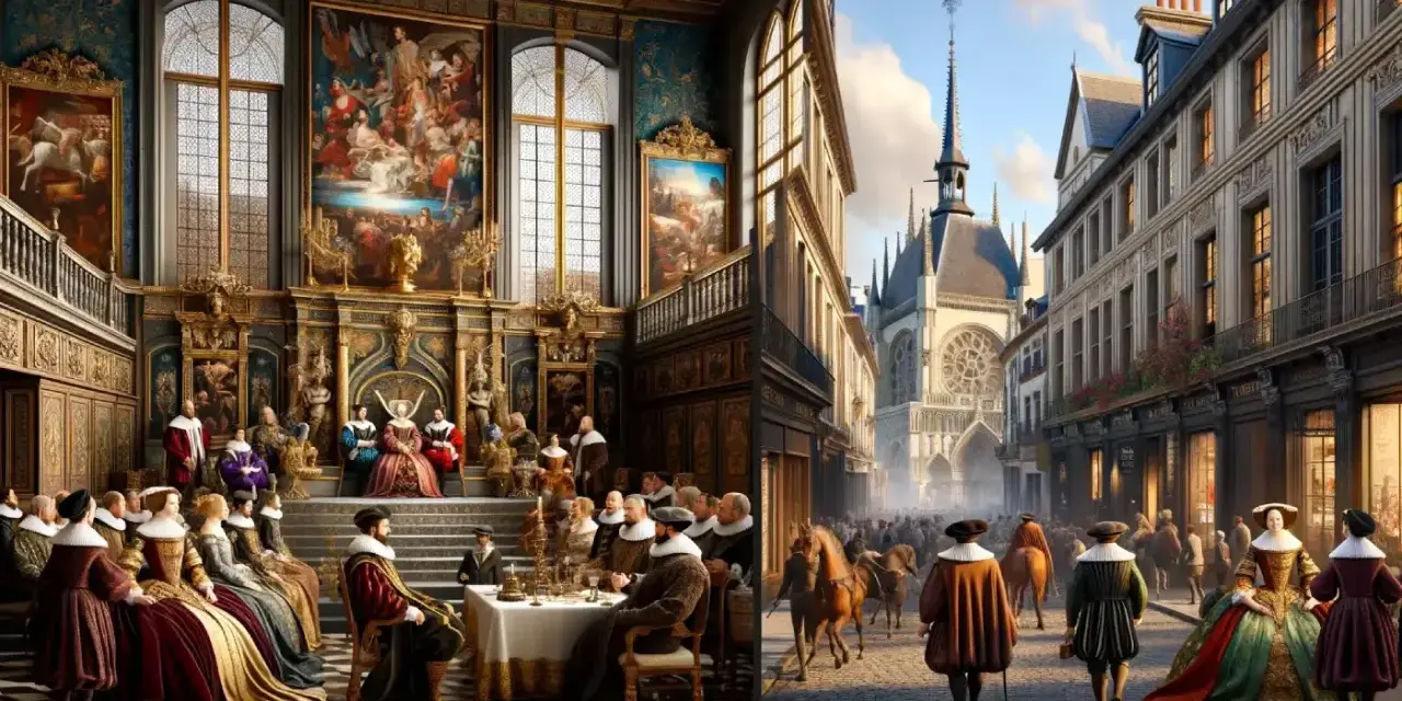 Scène de cour fastueuse et rue animée, évoquant l'esprit de la renaissance. Nobles en costumes d'époque, architecture grandiose.