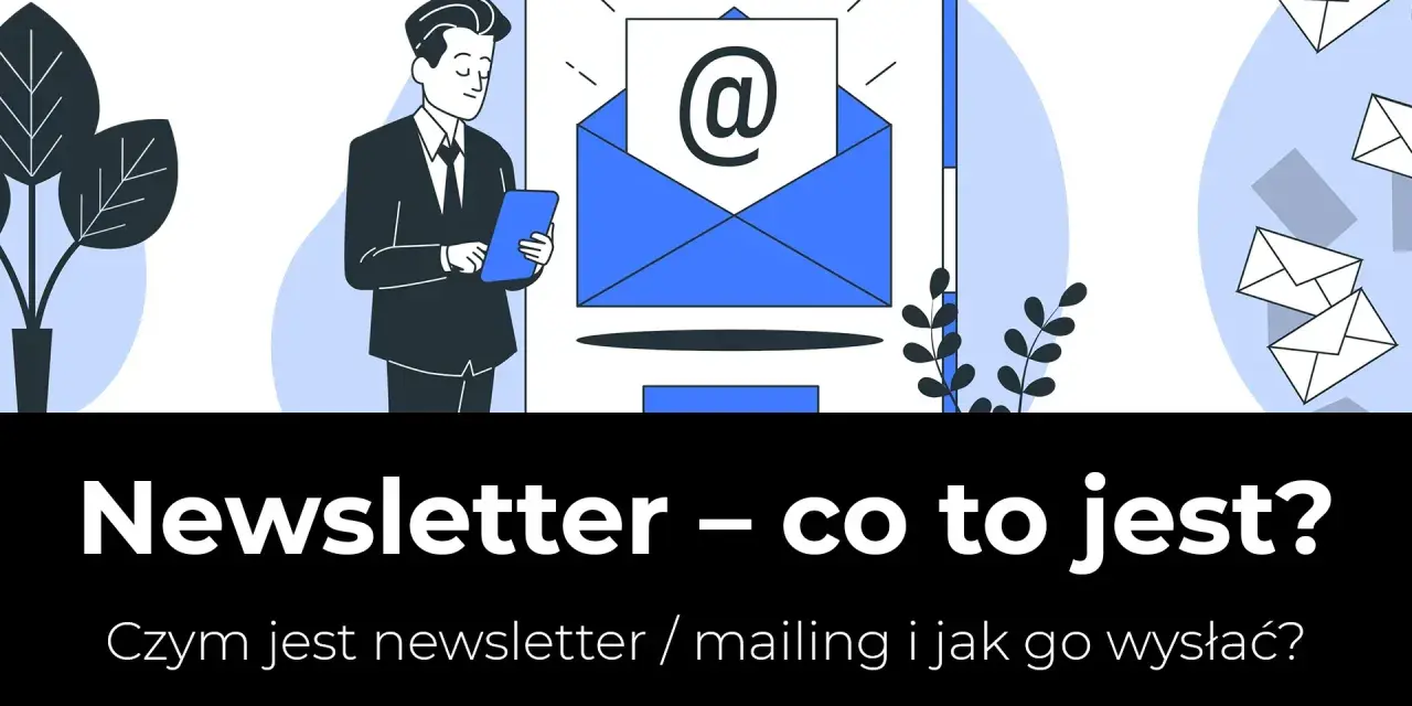 Ilustracja wyjaśnia, newsletter co to jest. Mężczyzna z tabletem patrzy na ikonę koperty z symbolem @.